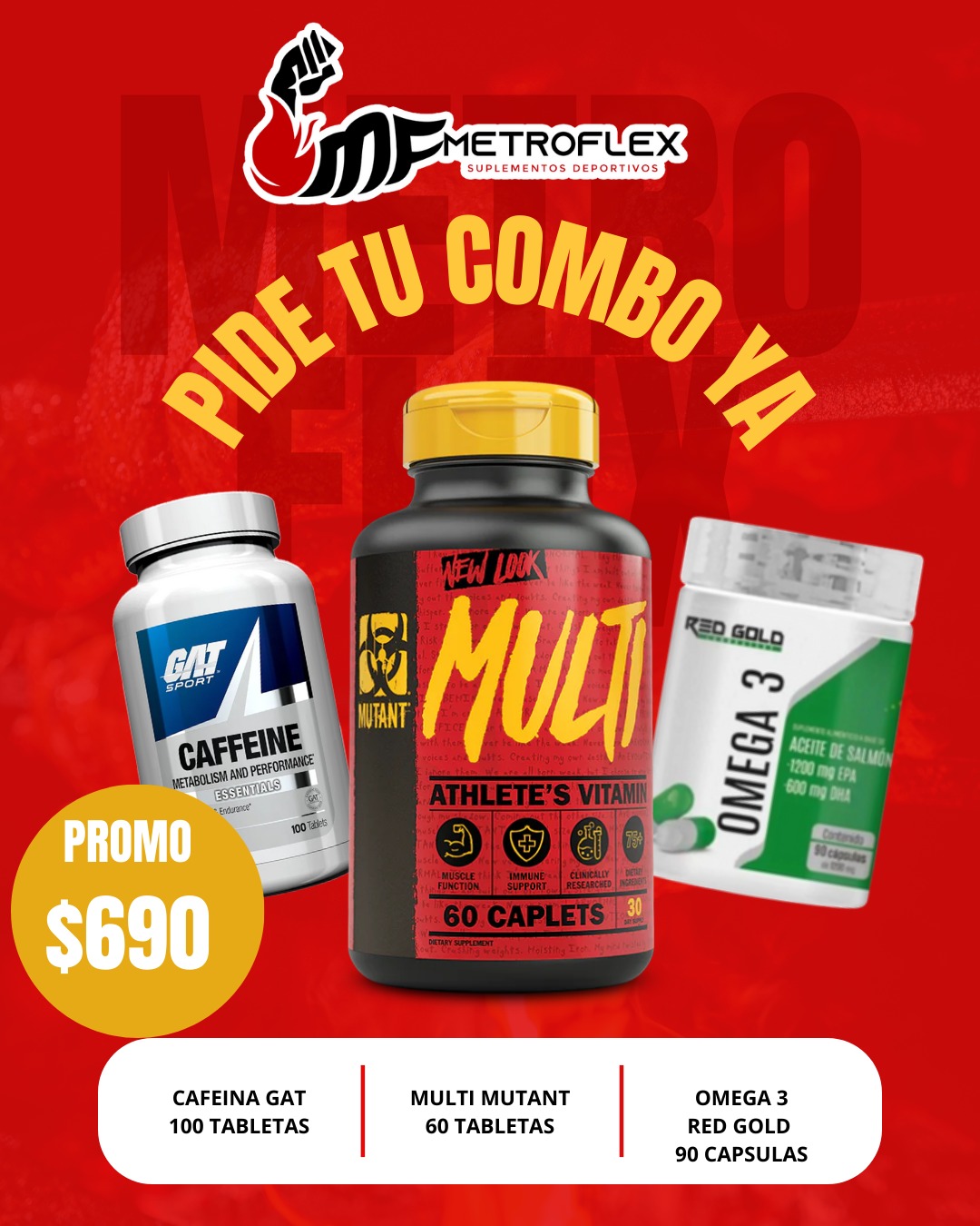 COMBO (CAFEINA 100 TAB GAT+MULTI MUTANT 60 CAPS+OMEGA 3 90 CAPS RED GOLD)