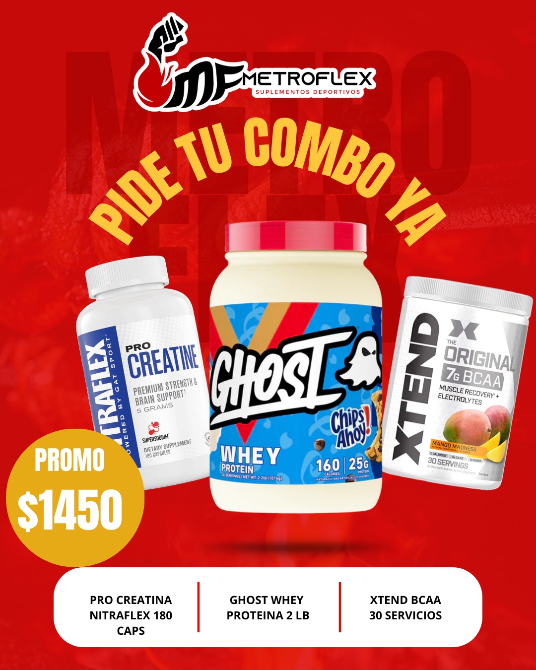 COMBO (PRO CREATINE NITRAFLEX 180 CAPS+GHOST WHEY 2 LBS+XTEND BCAA 30 SERV)
