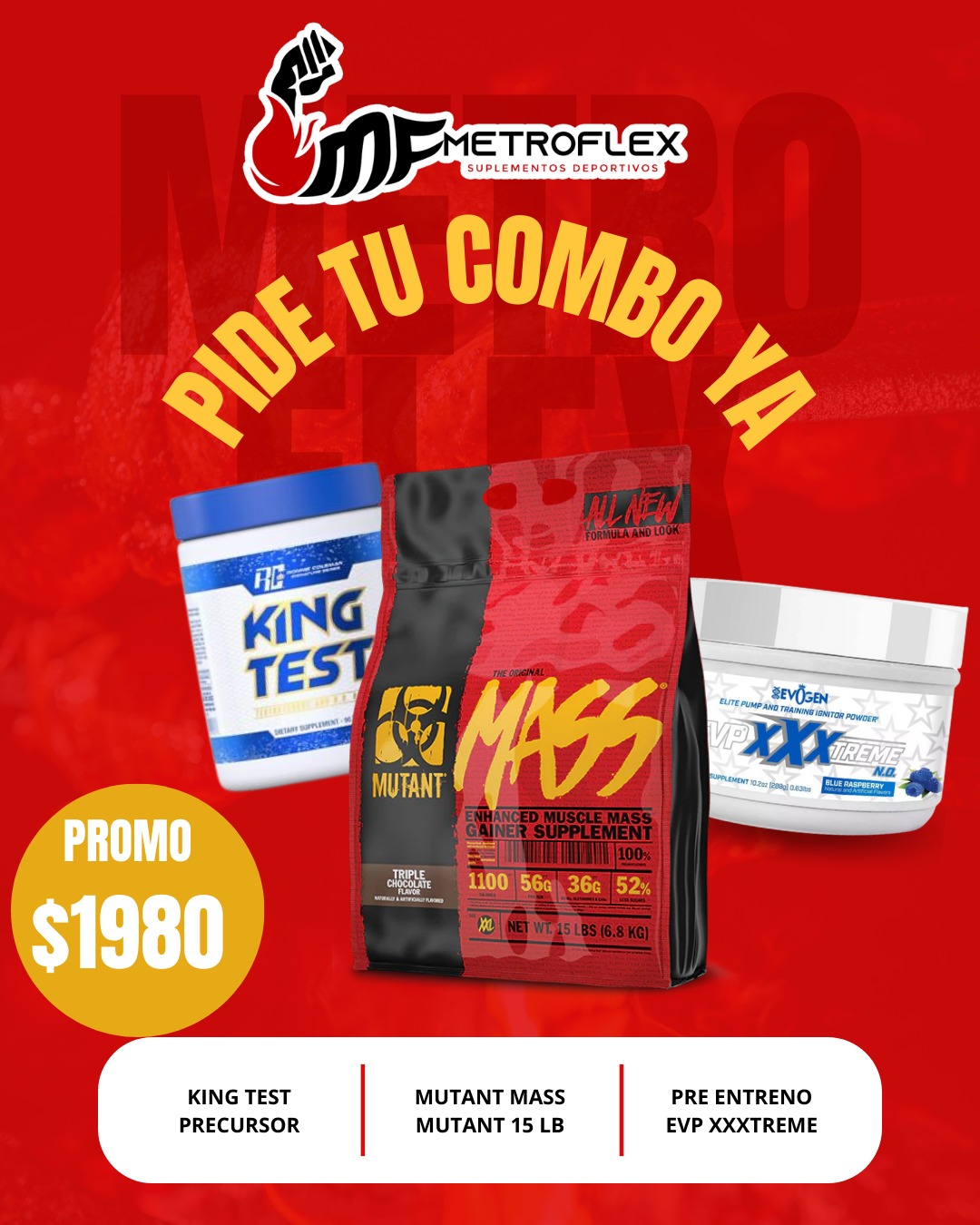 COMBO (KING TEST 90 TAB RONNIE COLEMAN SIGNATURES+MUTANT MASS 15 LBS+ EVPXXXTREME 30 SERV EVOGEN)