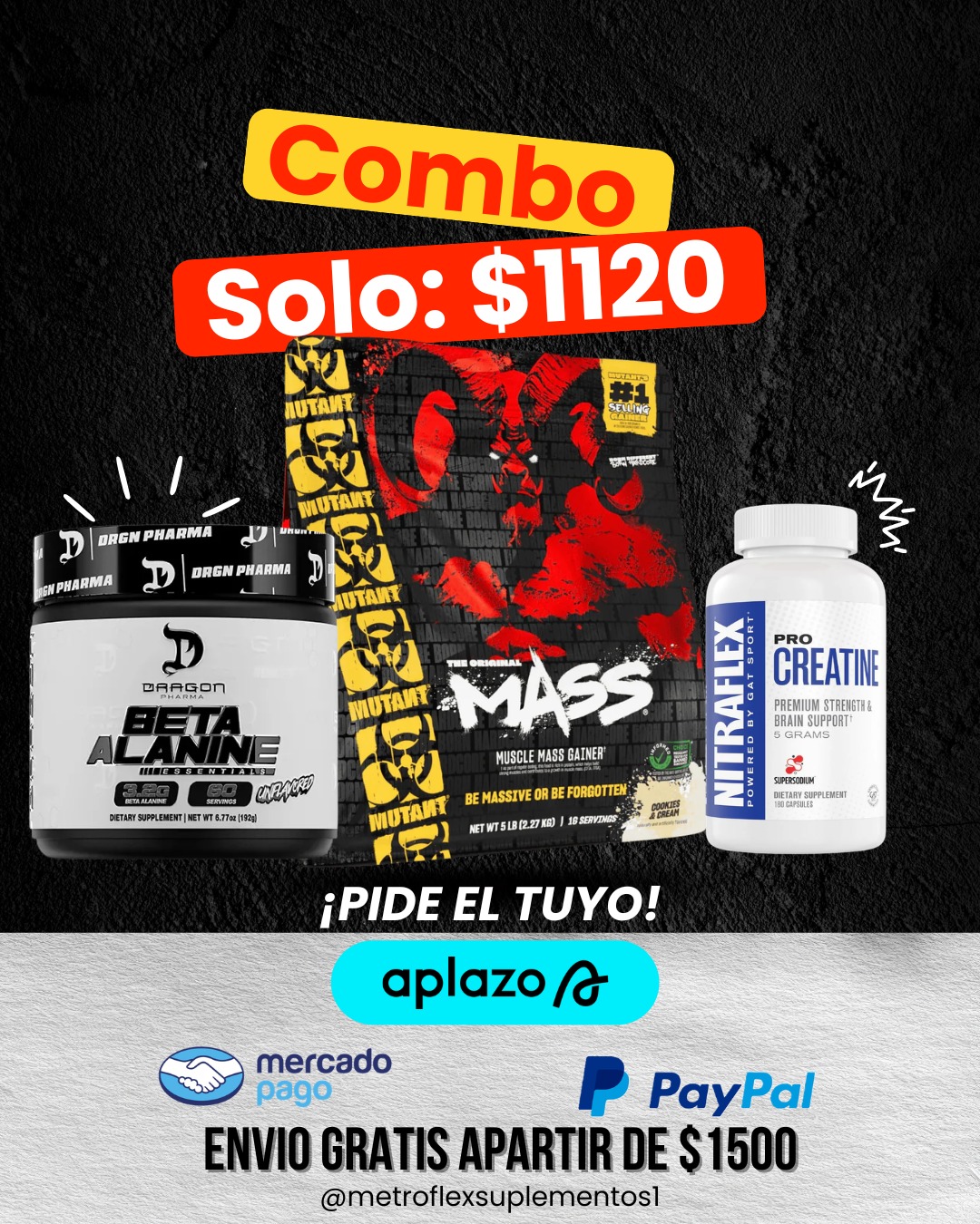 BETA ALANINA 60 SERV DRAGON PHARMA + MUTANT MASS 5 LBS + PRO CREATINA NITRAFLEX 180 CAPS GAT