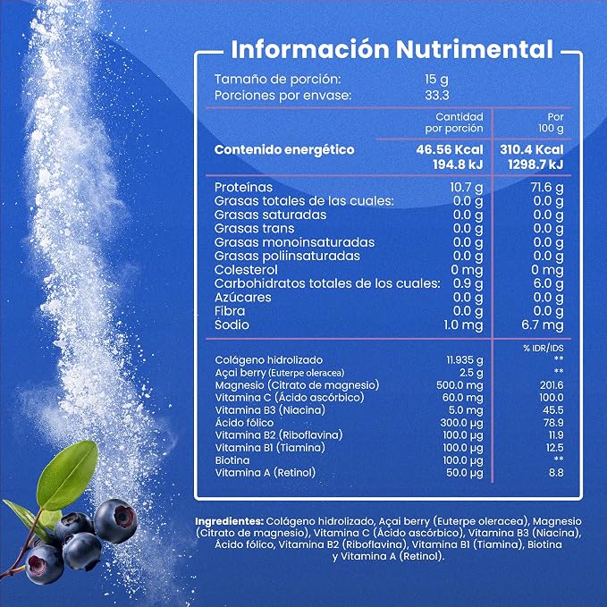 COLAGENO HIDROLIZADO+CLORURO DE MAGNESIO+ACAI 500 GR FLOW - Imagen 2