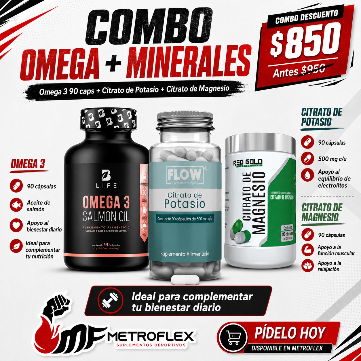 COMBO OMEGA 3 90 CAPS B LIFE+CITRATO DE POTASIO 90 CAPS FLOW+CITRATO DE MAGNESIO 90 CAPS RED GOLD