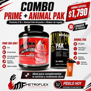 COMBO PRIME WHEY PROTEIN 5 LBS RUM NUTRITION+ANIMAL PAK 44 SERV UNIVERSAL+ SHAKER DE REGALO