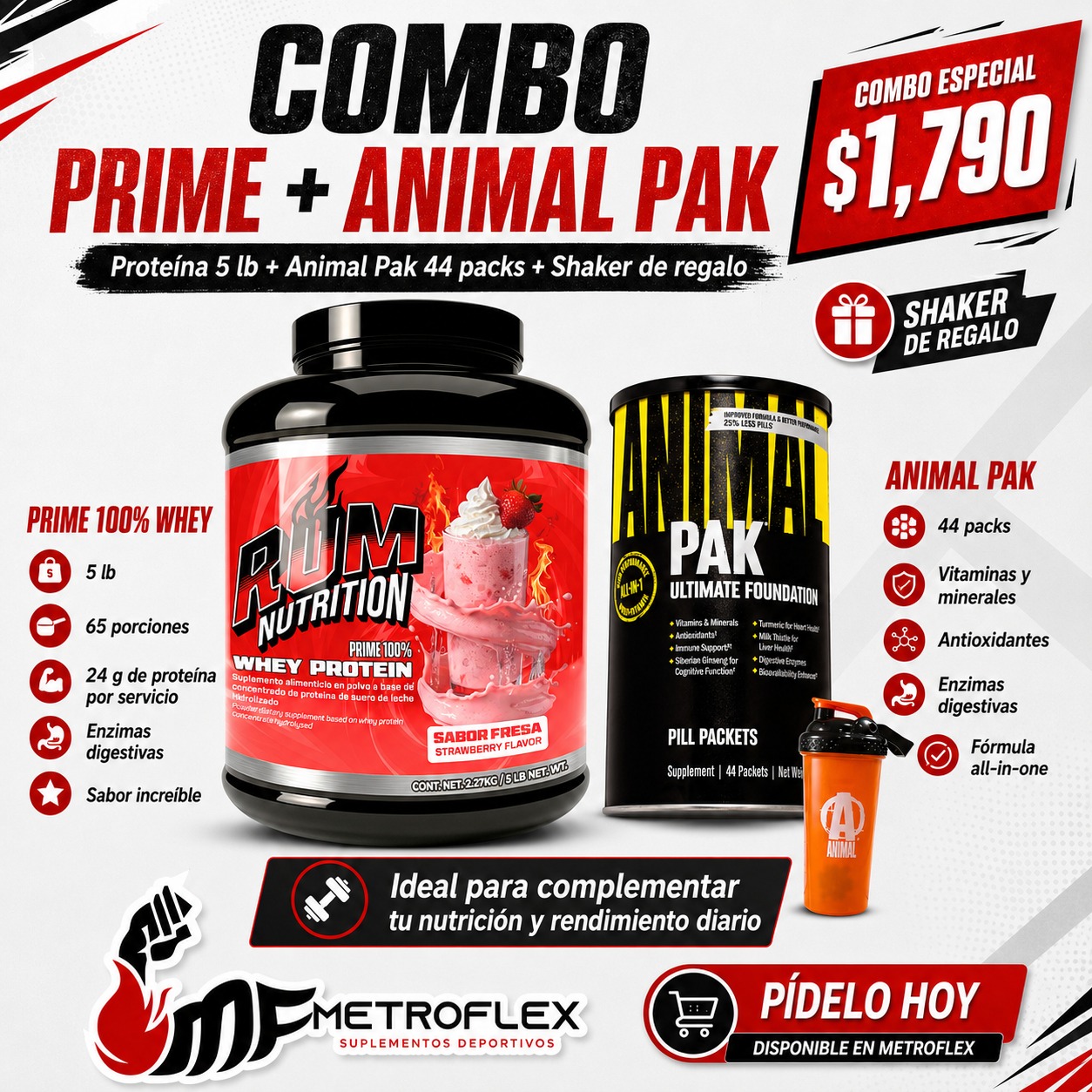 COMBO PRIME WHEY PROTEIN 5 LBS RUM NUTRITION+ANIMAL PAK 44 SERV UNIVERSAL+ SHAKER DE REGALO
