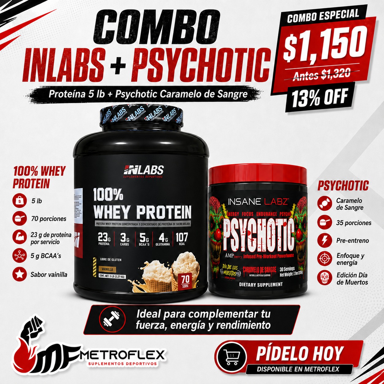 COMBO WHEY INLABS 5 LBS+PSYCHOTIC 35 SERV INSANE LABZ