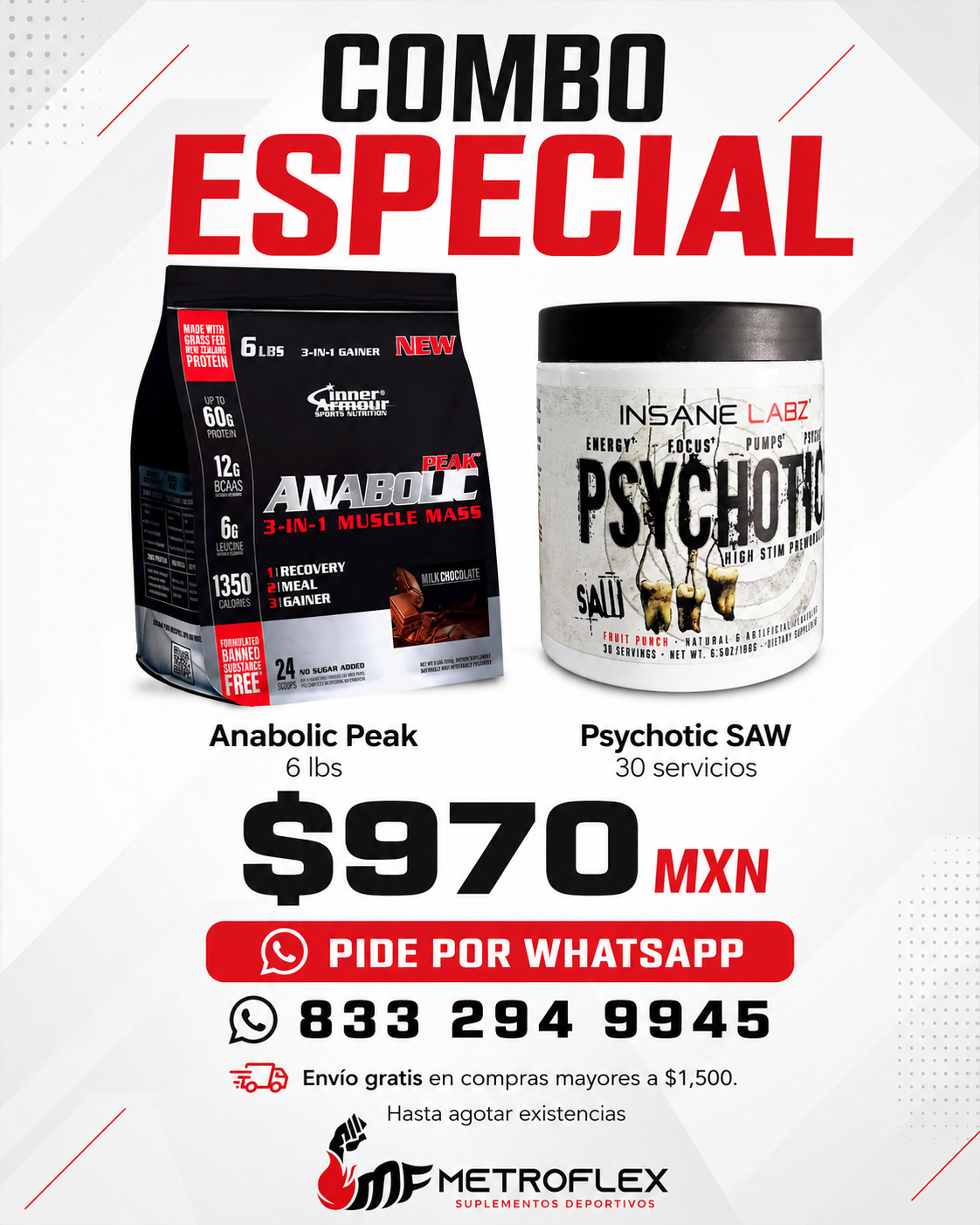 COMBO ANABOLIC PEAK 12 LBS INNER ARMOUR+ PSYCHOTIC SAW 30 SERVICIOS INSANE LABZ