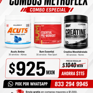 COMBO ACUTS AMINO CHARGED ENERGY 30 SERV ALLMAX+BUM ESSENTIAL 30 SERV RAW SPORT+CREATINA 60 SERV NUTREX