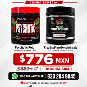 COMBO PSYCHOTIC ROJO 35 SERVICIOS INSANE LABZ+ CREATINA MONOHIDRATADA PRIME 100 SERVICIOS RUM NUTRITION