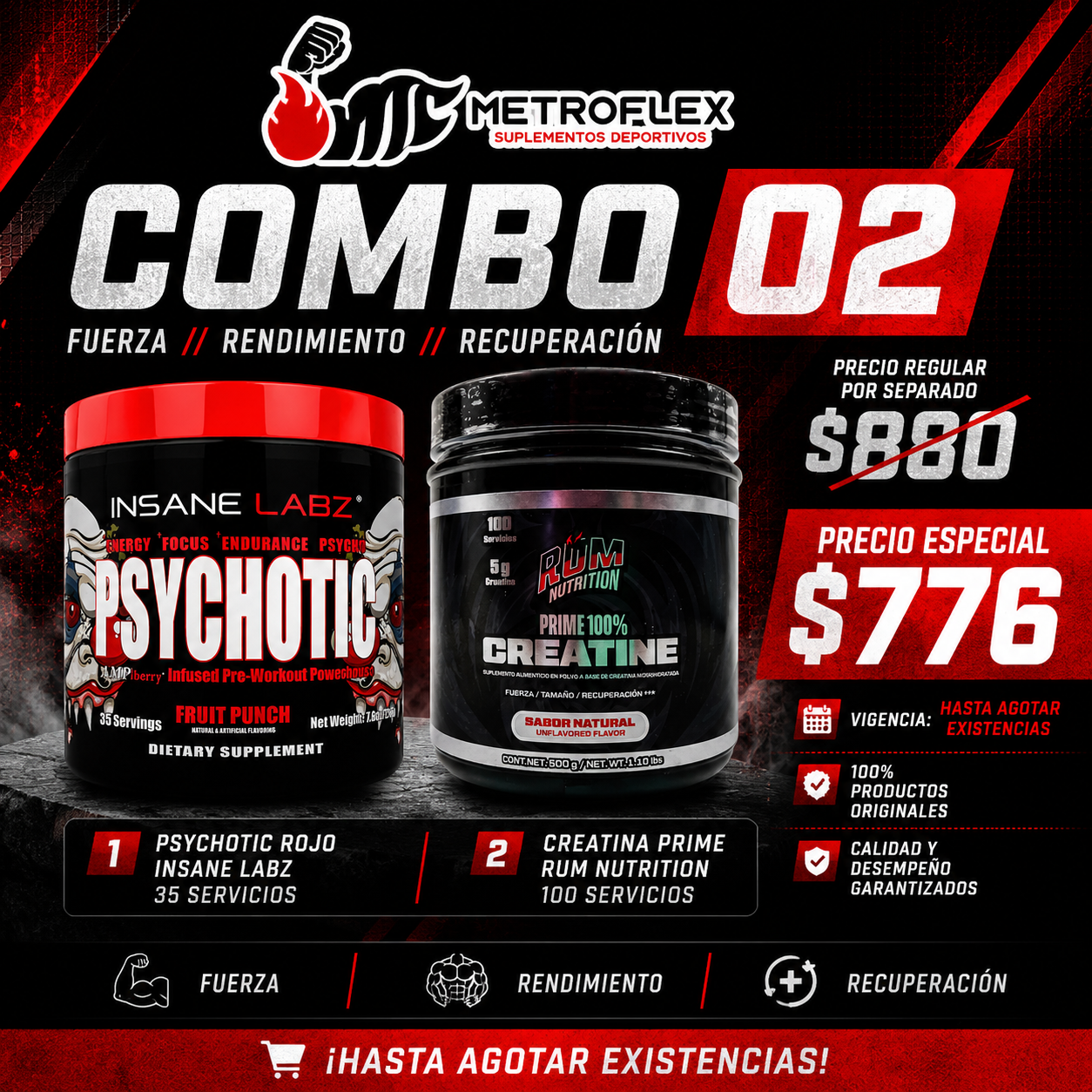 COMBO PSYCHOTIC ROJO 35 SERVICIOS INSANE LABZ+ CREATINA PRIME 100 SERVICIOS RUM NUTRITION