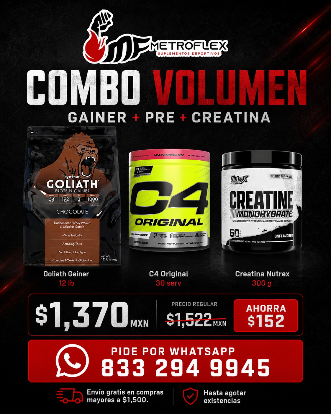 COMBO GOLIATH PROTEIN GAINER 12 LBS SYNTRAX+C4 ORIGINAL 30 SERV CELLUCOR+CREATINA NUTREX 300 GR