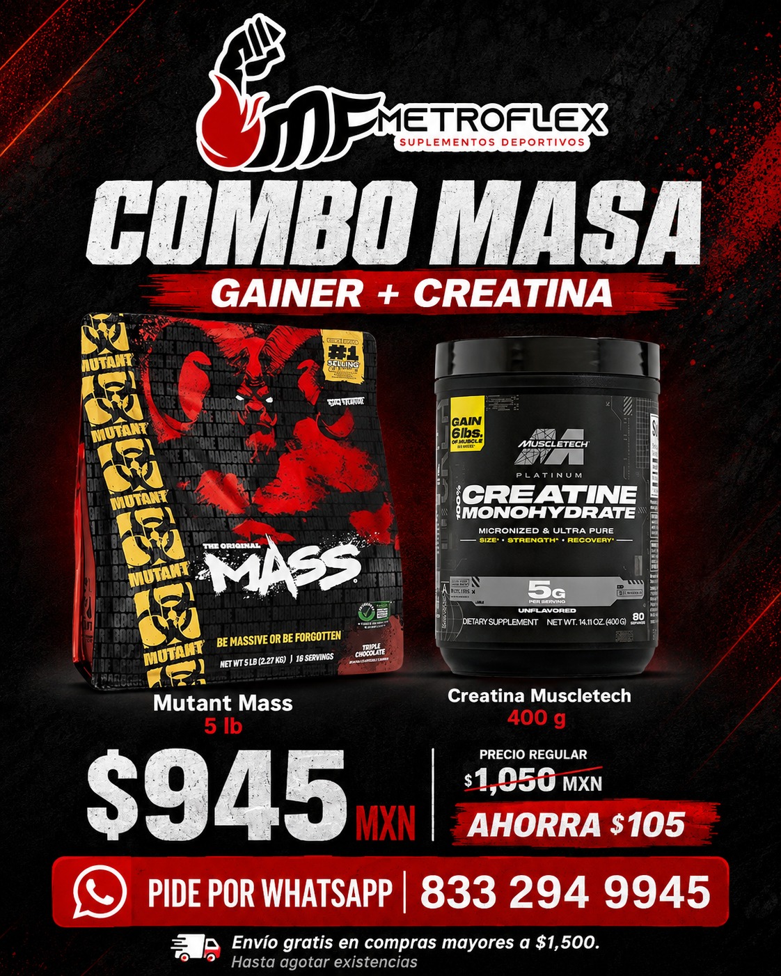 COMBO MUTANT MASS 5 LBS+CREATINA PLATINUM 400 GR MUSCLETECH