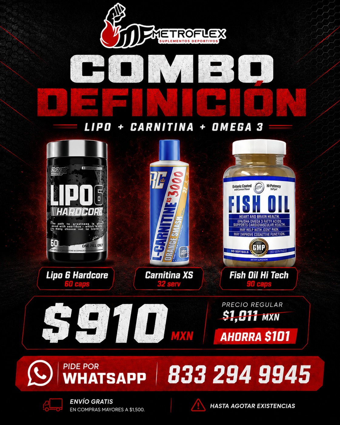 COMBO LIPO 6 HARDCORE 60 CAPS NUTREX+L CARNITINA XS 3000+FISH OIL 90 CAPS HTP