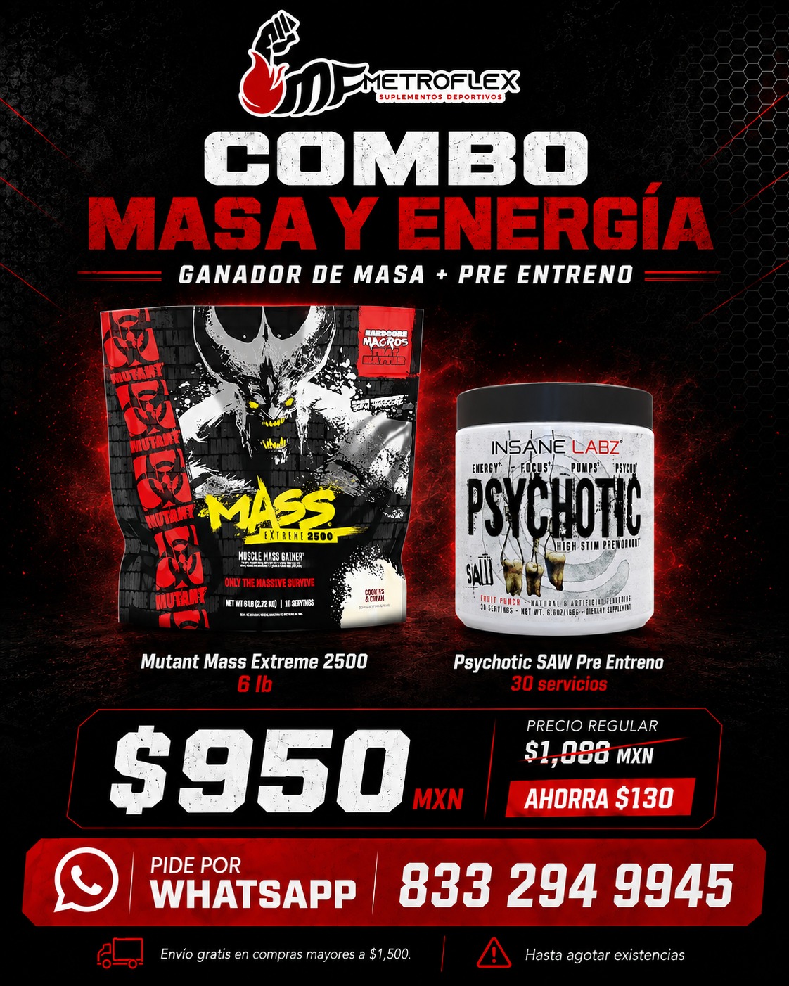 MUTANT MASS EXTREME 6 LBS+PSYCHOTIC SAW 30 SERVICIOS INSANE LABZ