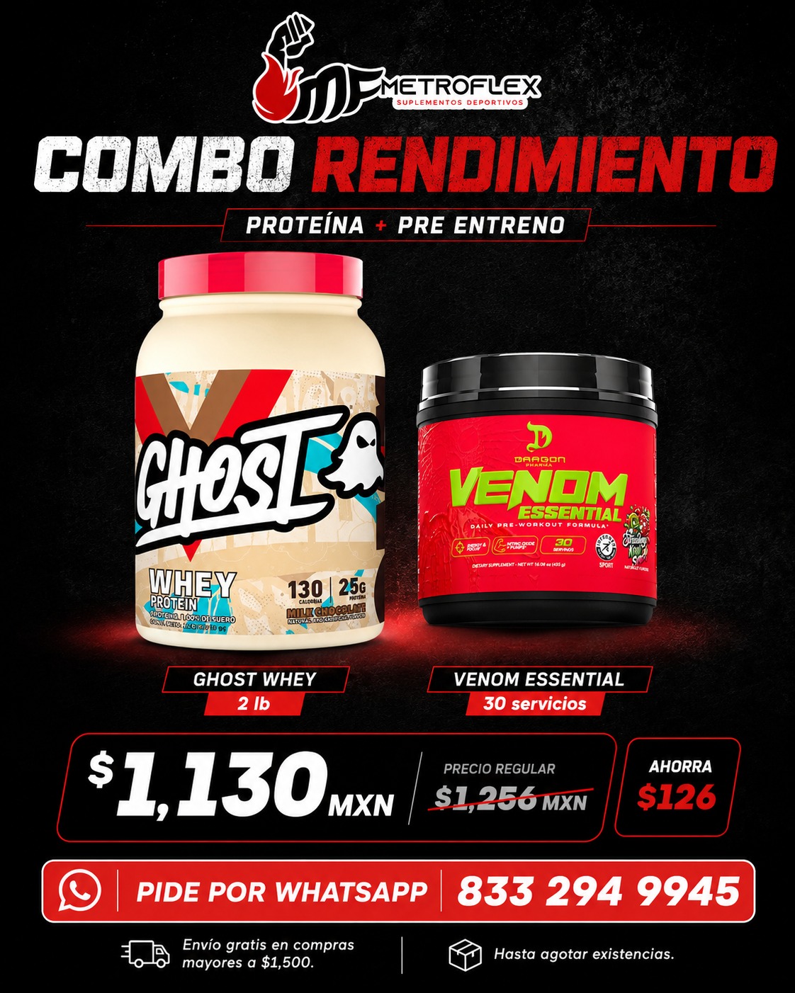 GHOST WHEY 2 LBS+VENOM ESSENTIAL 30 SERVICIOS DRAGON PHARMA