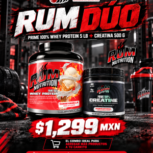 RUM Dúo: proteína Prime Whey 5 lb y creatina RUM 500 g por $1,299 MXN.