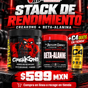 Creakong 300 g y beta-alanina por $599 MXN. C4 de regalo exclusivamente en compras presenciales participantes.