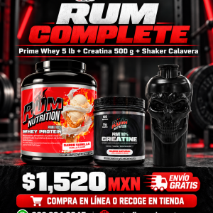 RUM Complete: Prime Whey 5 lb, creatina RUM 500 g y shaker calavera por $1,520 MXN.